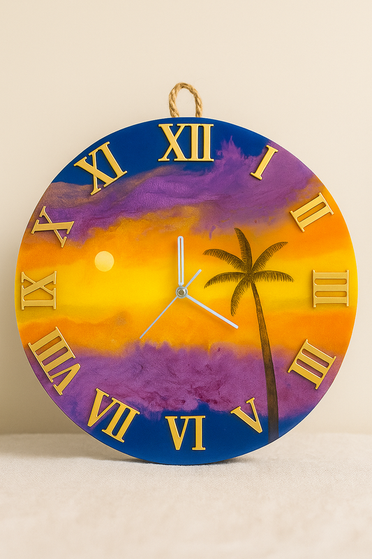 Tropical Sunset Resin Wall Clock with Palm Tree – 12" Artistic Home Decor