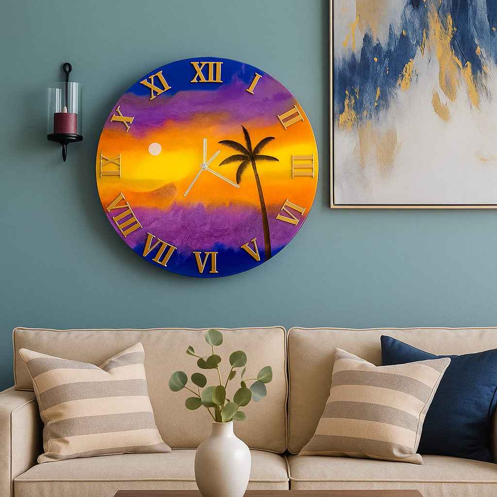 Tropical Sunset Resin Wall Clock with Palm Tree – 12" Artistic Home Decor
