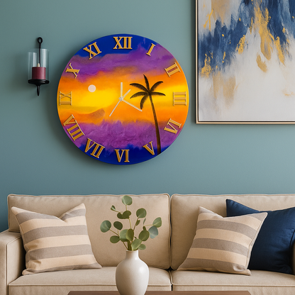 Tropical Sunset Resin Wall Clock with Palm Tree – 12" Artistic Home Decor