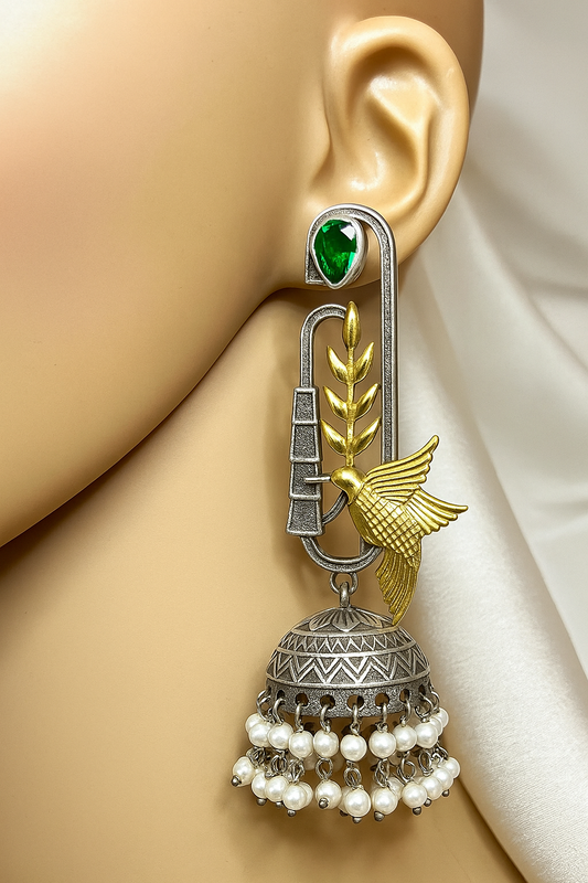 Unique Hummingbird and Jhumka Earrings with emerald and Pearl Accents