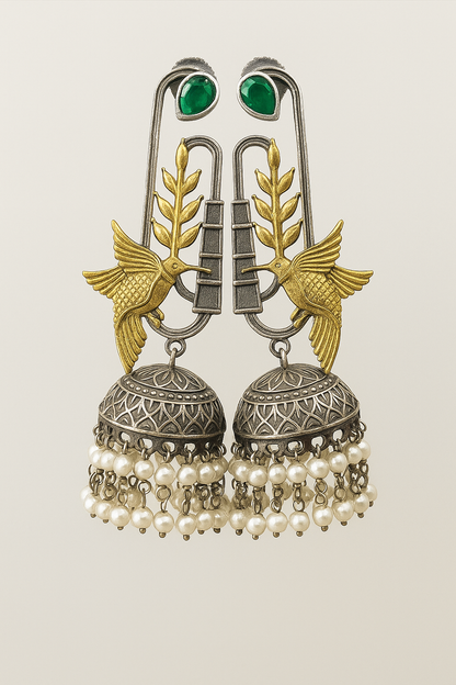 Unique Hummingbird and Jhumka Earrings with emerald and Pearl Accents