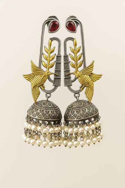Unique Hummingbird and Jhumka Earrings with emerald and Pearl Accents