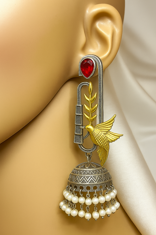Unique Hummingbird and Jhumka Earrings with Ruby and Pearl Accents