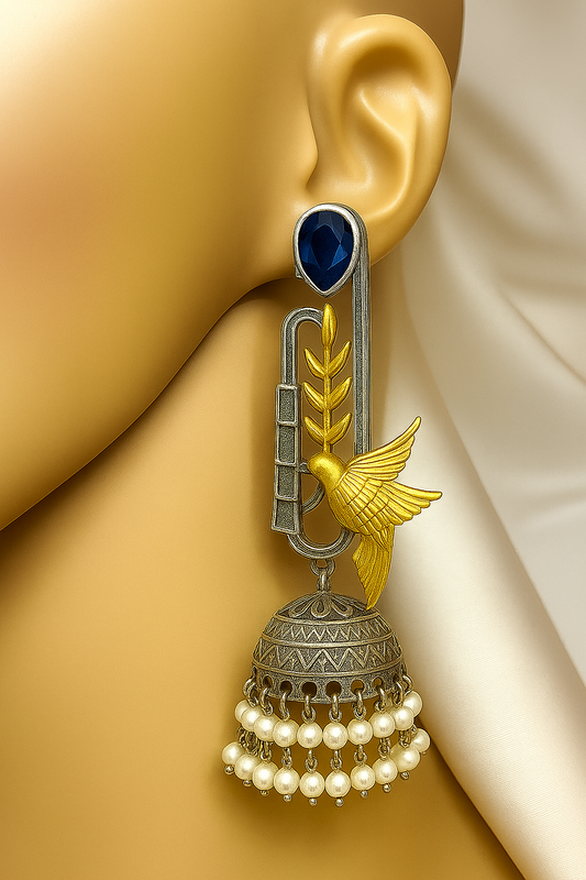 Unique Hummingbird and Jhumka Earrings with Sapphire and Pearl Accents