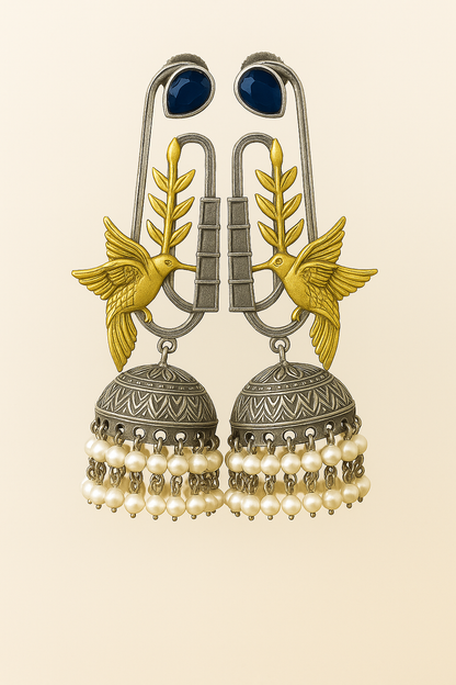 Unique Hummingbird and Jhumka Earrings with emerald and Pearl Accents