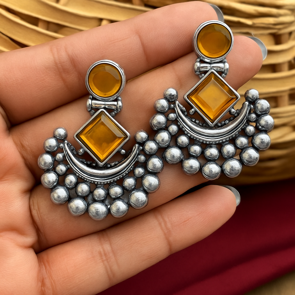 Title:  Yellow Oxidized Silver Earrings with  Stone Accents - Crescent Moon Design (Copy) (Copy)