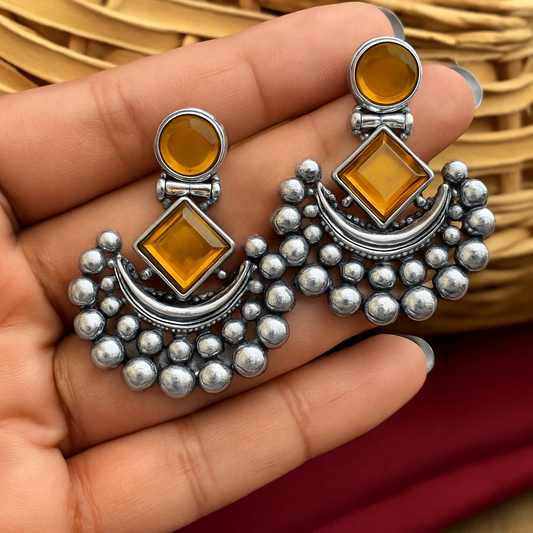 Title:  Yellow Oxidized Silver Earrings with  Stone Accents - Crescent Moon Design (Copy) (Copy)