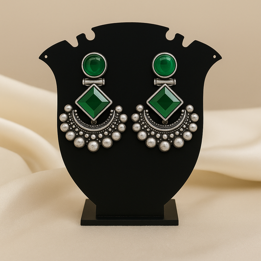 Title:  Green Oxidized Silver Earrings with  Stone Accents - Crescent Moon Design (Copy)