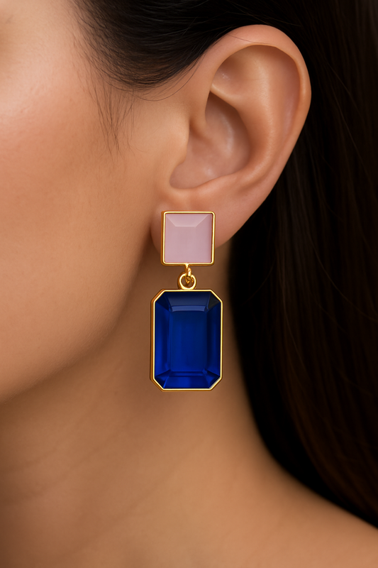 Modern Geometric Drop Earrings with Morganite Pink and  Sapphire Blue Stone Accents