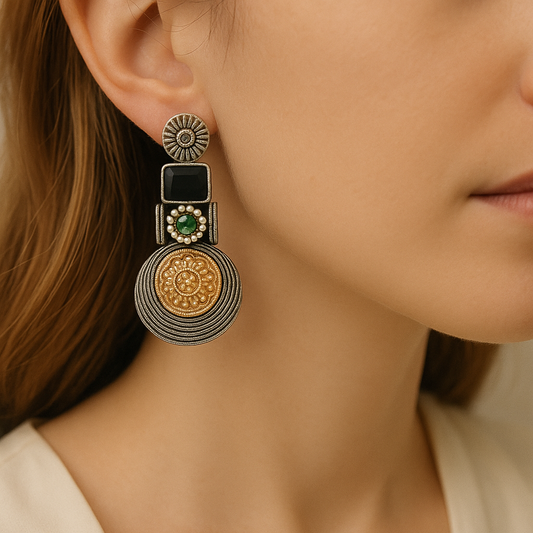 Silver Gold Onyx Earrings, Boho Statement Jewelry, Handmade-Black