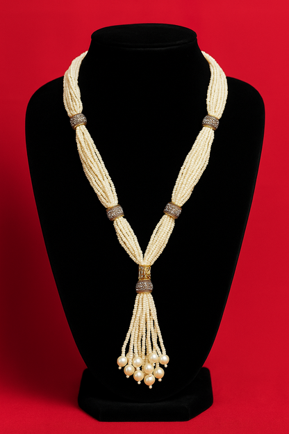 Handcrafted Pearl Beaded Multi-Strand Necklace Set | Traditional Indian Jewelry | Tassel Necklace with Gold Accents | Ethnic Statement Necklace