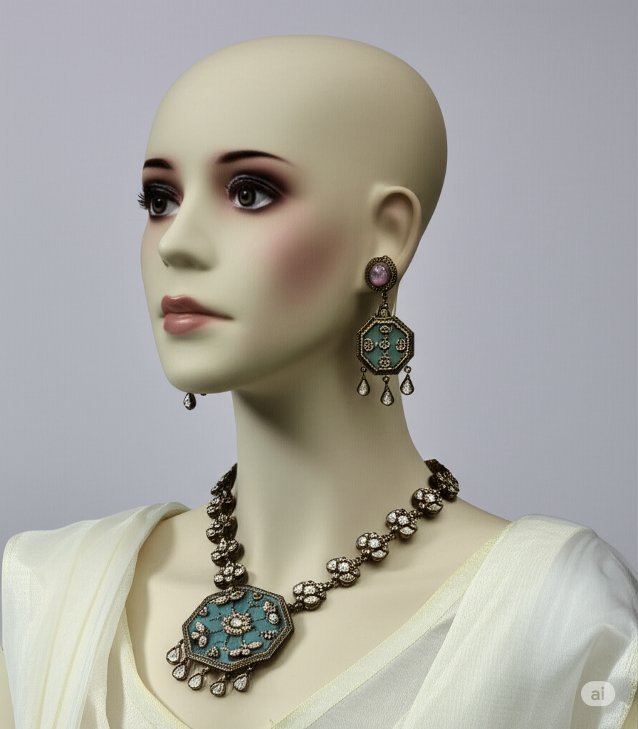 Antique Gold Tone Necklace and Earrings Set with Teal Enamel and Pink Pearl Accents