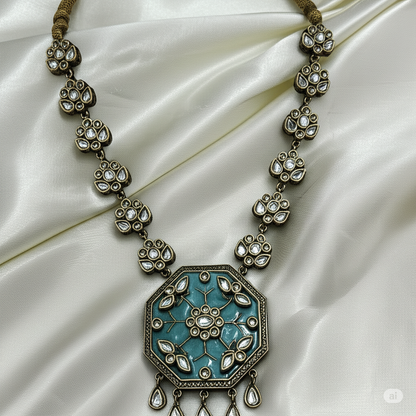 Antique Gold Tone Necklace and Earrings Set with Teal Enamel and Pink Pearl Accents