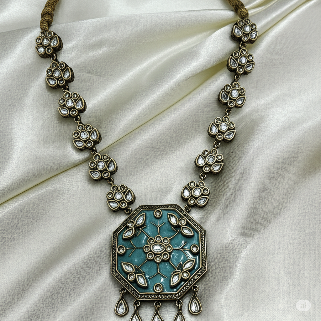 Antique Gold Tone Necklace and Earrings Set with Teal Enamel and Pink Pearl Accents