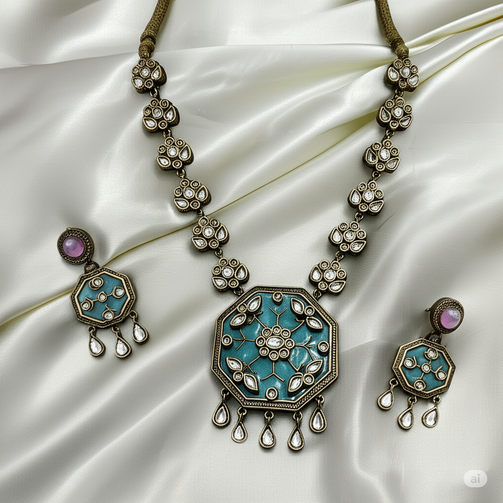 Antique Gold Tone Necklace and Earrings Set with Teal Enamel and Pink Pearl Accents