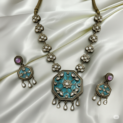 Antique Gold Tone Necklace and Earrings Set with Teal Enamel and Pink Pearl Accents