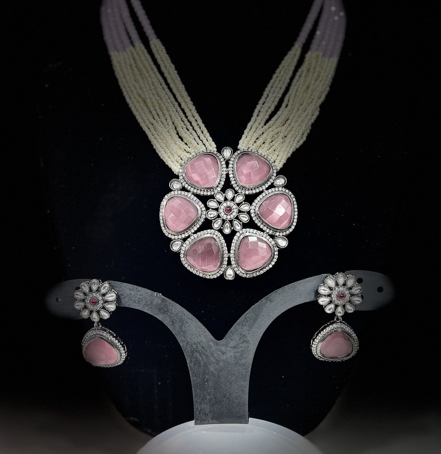 Pink Stone Floral Kundan Choker Set | Multi-Strand Pearl Beads | Indian Bridal Statement Jewelry | Designer Wedding Gift