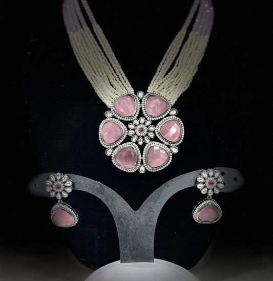 Pink Stone Floral Kundan Choker Set | Multi-Strand Pearl Beads | Indian Bridal Statement Jewelry | Designer Wedding Gift