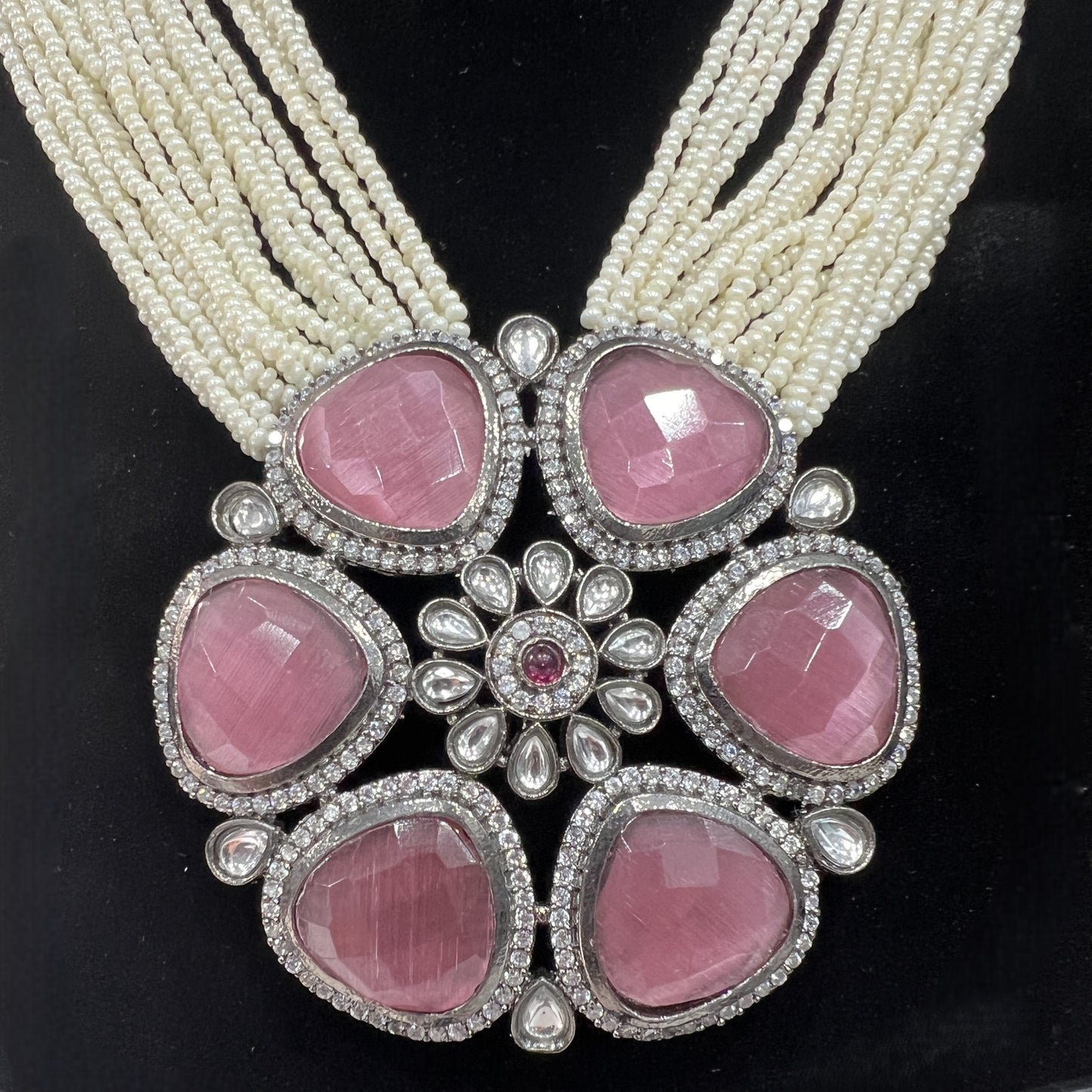Pink Stone Floral Kundan Choker Set | Multi-Strand Pearl Beads | Indian Bridal Statement Jewelry | Designer Wedding Gift