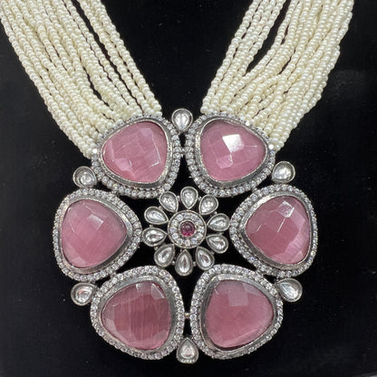 Pink Stone Floral Kundan Choker Set | Multi-Strand Pearl Beads | Indian Bridal Statement Jewelry | Designer Wedding Gift