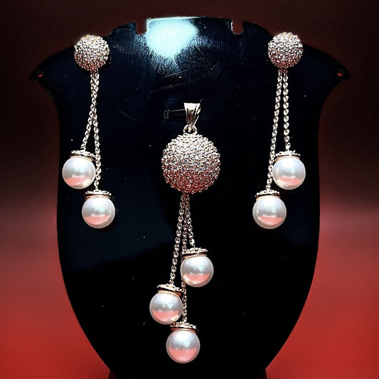 Glamorous Pearl Drop Pendant & Earrings Set – Crystal Ball Design with Dangling Chains