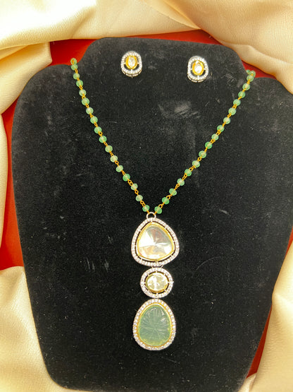 Elegant Polki Diamond and Emerald Beaded Necklace Set
