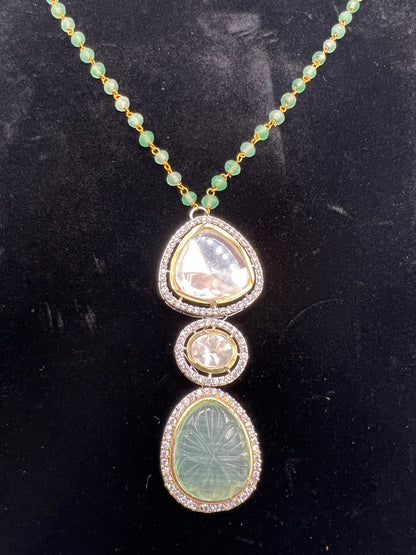 Elegant Polki Diamond and Emerald Beaded Necklace Set