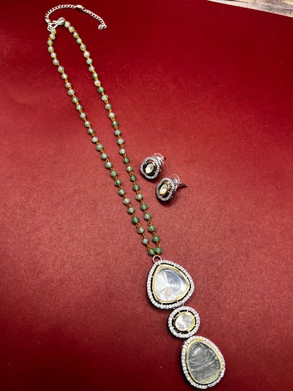 Elegant Polki Diamond and Emerald Beaded Necklace Set