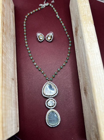 Elegant Polki Diamond and Emerald Beaded Necklace Set