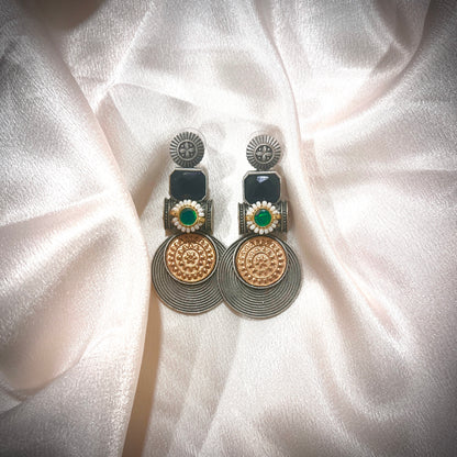 Artisan Silver & Gold Tone Statement Earrings with Onyx & Gem Stone Accents