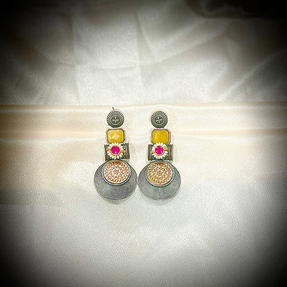 Artisan Silver & Gold Tone Statement Earrings with Onyx & Gem Stone Accents