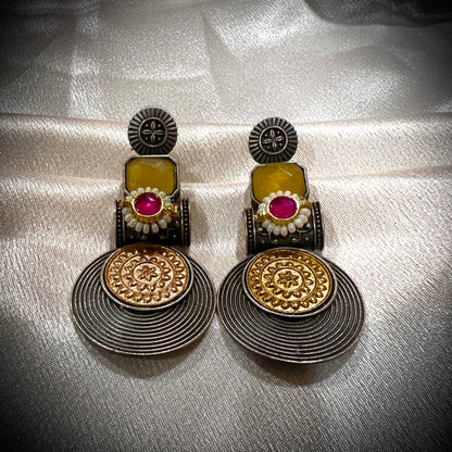 Artisan Silver & Gold Tone Statement Earrings with Onyx & Gem Stone Accents