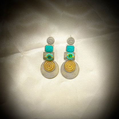 Artisan Silver & Gold Tone Statement Earrings with Onyx & Gem Stone Accents