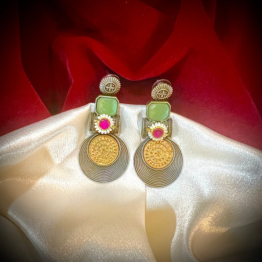 Silver Gold Onyx Earrings, Boho Statement Jewelry, Handmade-Green