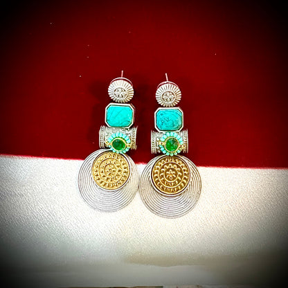 Artisan Silver & Gold Tone Statement Earrings with Onyx & Gem Stone Accents