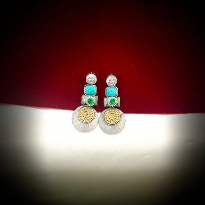 Artisan Silver & Gold Tone Statement Earrings with Onyx & Gem Stone Accents