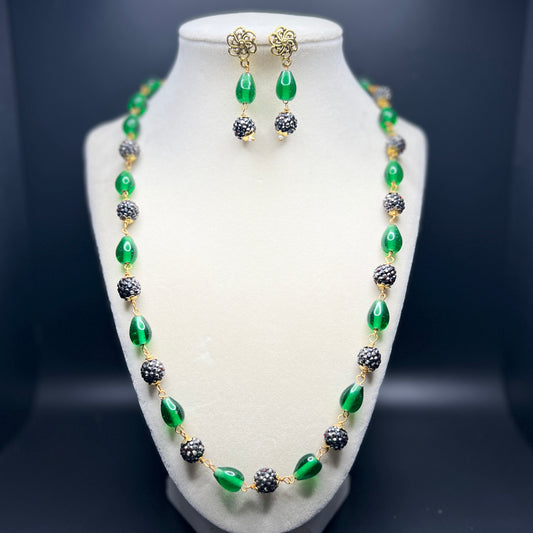 Opulent Green Glass and Crystal Necklace and Earring Set