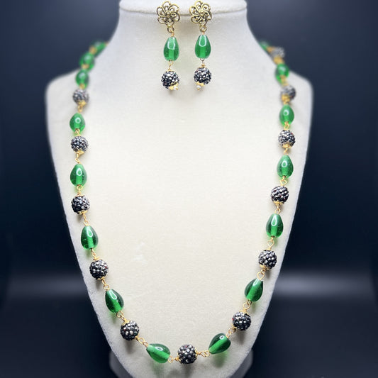 Elegant Green Onyx & Crystal Bead Necklace Set with Earrings |Best Seller | Gift for Her | Statement Gift