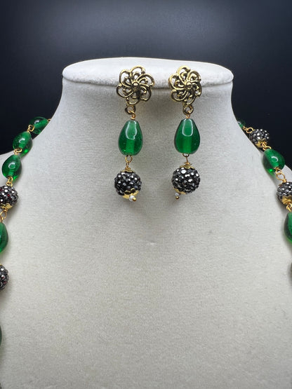 Opulent Green Glass and Crystal Necklace and Earring Set