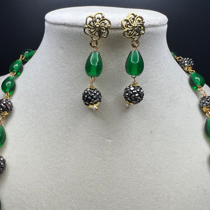 Opulent Green Glass and Crystal Necklace and Earring Set