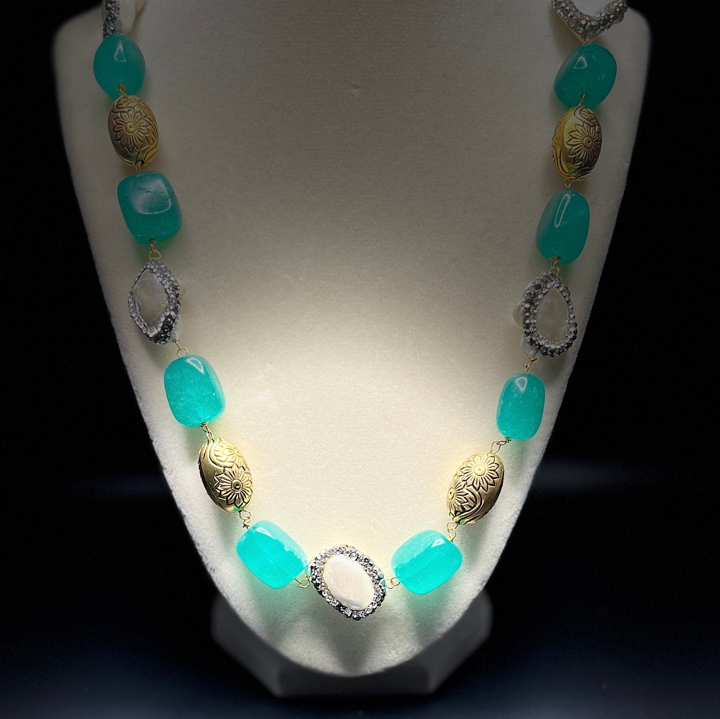 Aqua Blue Gemstone Necklace with Baroque Pearls & Antique Gold Beads – Statement Jewelry Set