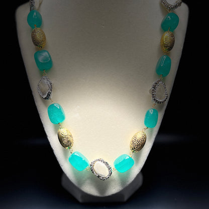 Aqua Blue Gemstone Necklace with Baroque Pearls & Antique Gold Beads – Statement Jewelry Set