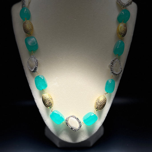 Aqua Blue Gemstone Necklace with Baroque Pearls & Antique Gold Beads – Statement Jewelry Set