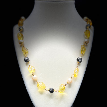 Citrine Yellow Glass & Pearl Necklace with Crystal Ball Accents – Sunshine-Inspired Handmade Jewelry