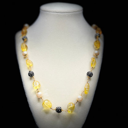 Citrine Yellow Glass & Pearl Necklace with Crystal Ball Accents – Sunshine-Inspired Handmade Jewelry