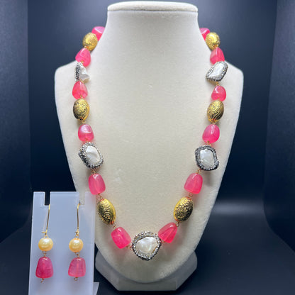 Pink Stone, Pearl, & Gold Bead Necklace Set with Matching Earrings