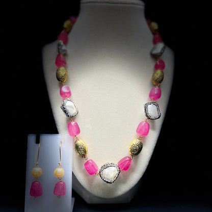 Pink Stone, Pearl, & Gold Bead Necklace Set with Matching Earrings