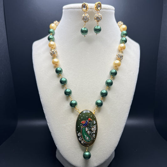 Peacock Pendant Necklace Set | Green and Gold Beaded Jewelry | Hand Painted Enamel | Indian Traditional Jewelry | Gift for Her
