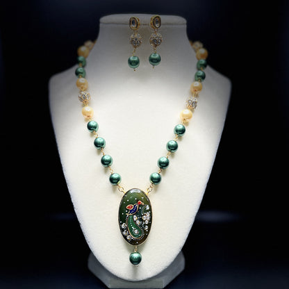 Peacock Pendant Necklace Set | Green and Gold Beaded Jewelry | Hand Painted Enamel | Indian Traditional Jewelry | Gift for Her