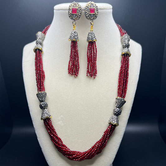 Maroon Crystal Necklace Set, Tassel Earrings, Antique Silver, Bohemian